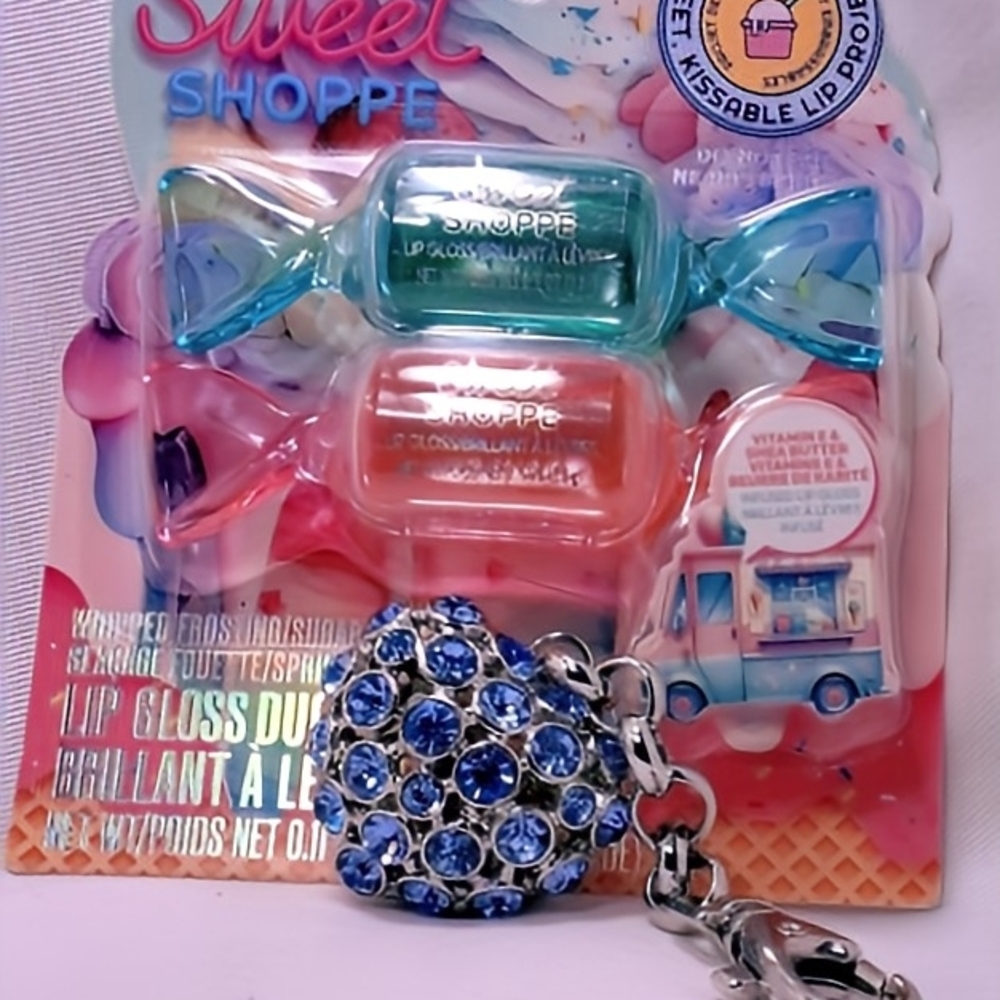 Blue Heart Rhinestone Purse Charm with Sweet Shoppe Lip Gloss Duo - Glam & Sweet